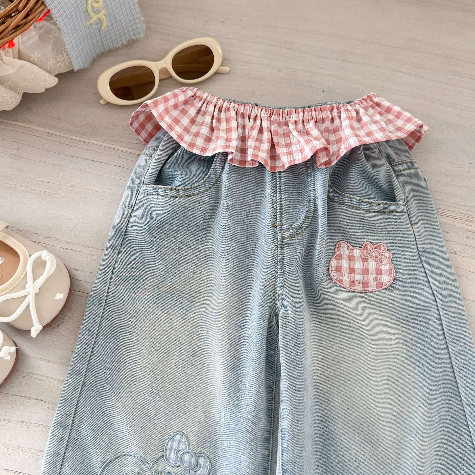 Pantalones vaqueros de encaje de siete niñas de limón salado nuevos pantalones casuales de estilo occidental para bebés pantalones rectos de nueve puntos para niños verano