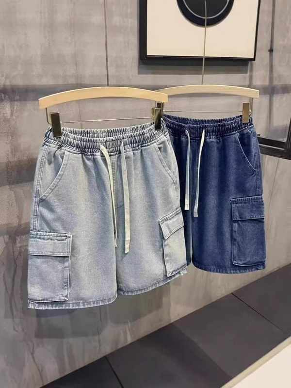 Men's Denim Shorts Summer Thin Loose Cargo Knee-Length American Style Trendy High Street Straight Elastic Waist Mid-Length Shorts