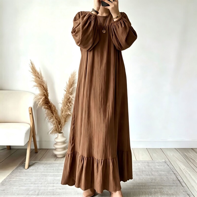 2026 New Cross-Border Women's Spring and Autumn Fashion Long-Sleeve Vintage Long Dress with Solid Color and Ruffle Hem 2026 New Cross-Border Women's Spring and Autumn Fashion Long-Sleeve Vintage Long Dress with Solid Color and Ruffle Hem