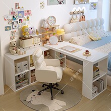 转角书桌卧室女生梳妆台斗柜一体桌L型拐角办公桌小户型奶油桌子