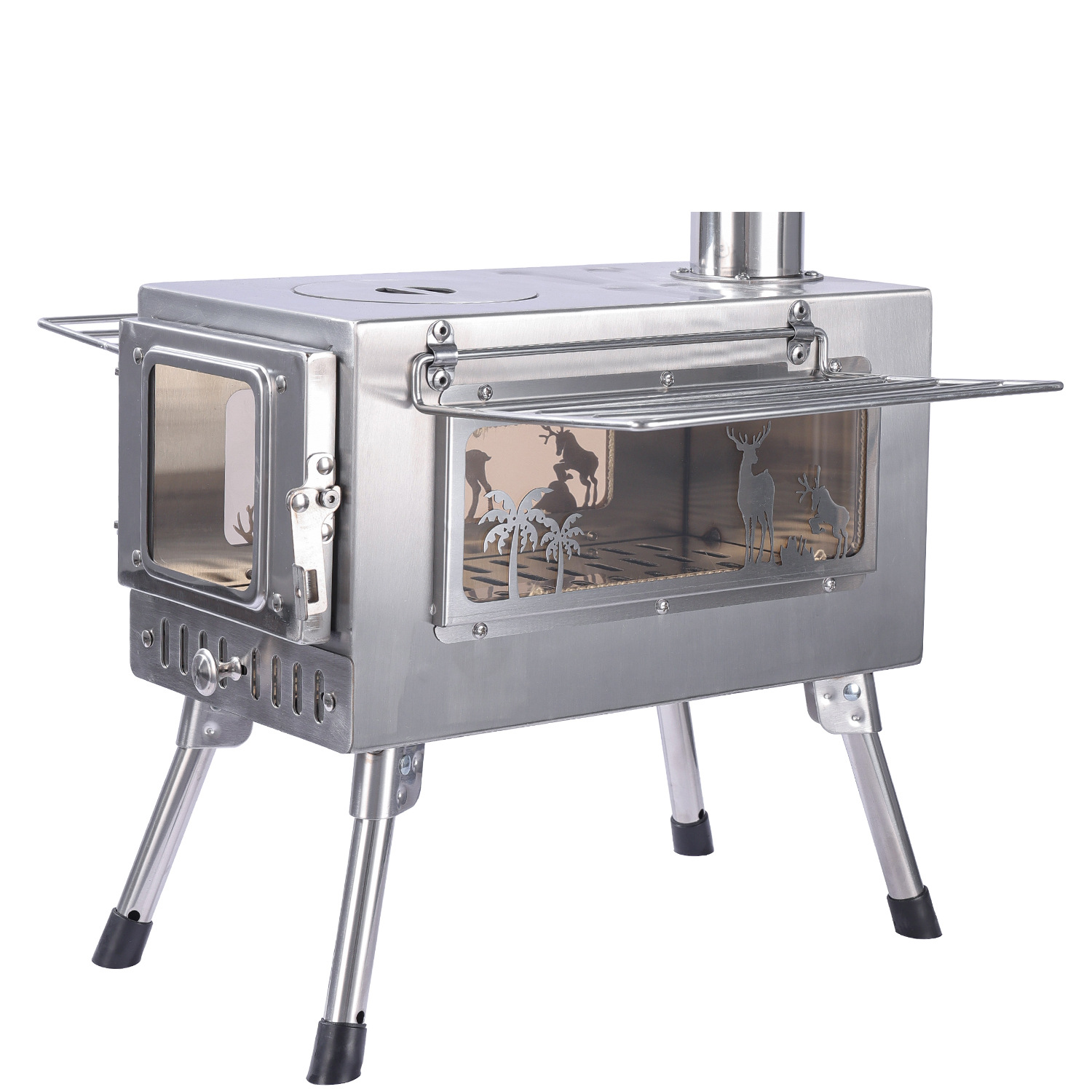 Estufa de leña portátil plegable de acero inoxidable para acampar, calentamiento de tiendas de campaña, estufa para exteriores, venta al por mayor.