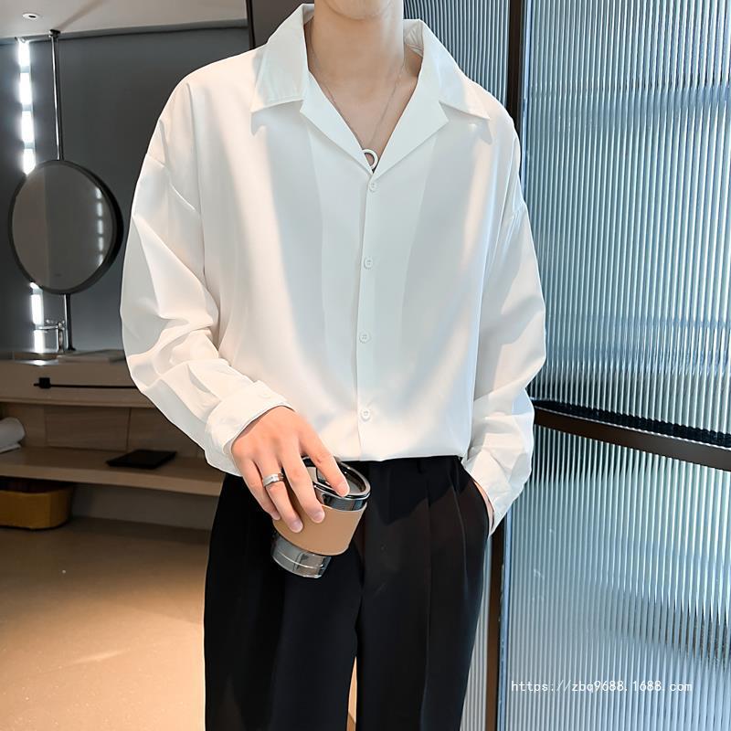 Ge Hua New White Shirt Men's Long-sleeved Trendy Plutton Handsome Design Sense Niche Draped Sense All-match Spring and Autumn Cuban Collar