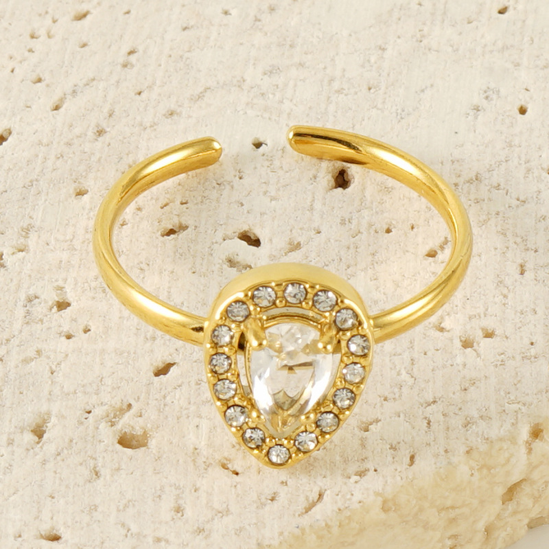 Moda europea y americana de acero inoxidable estilo ins anillo abierto hembra 18K oro luz lujo estilo gota de agua ZIRCON anillo ajustable