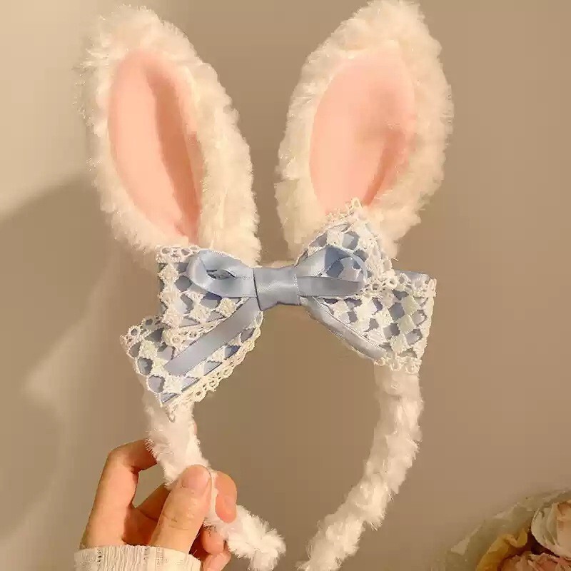 かわいいぬいぐるみのウサギの耳のカチューシャの少女のレースの蝶結びの顔のカチューシャのウサギの子供のカチューシャ|undefined