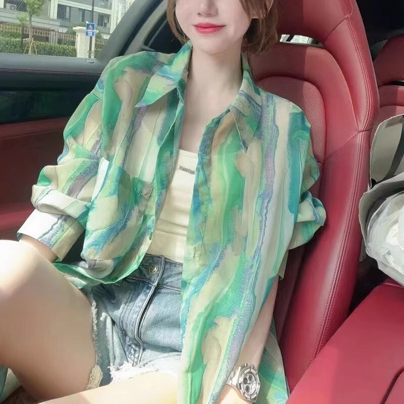 Green Printed Sun-Protective Shirt for Women, Summer Mint Mambo Style, Fashionable and Stylish Loose Casual Shirt