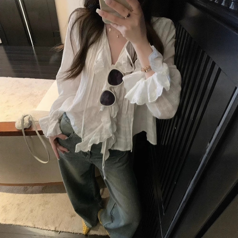 Sena Holiday* Ruffled Embroidered Blouse for Women, Summer Thin Sun Protection Air Conditioning Shirt, Short White Shirt Sena Holiday* Ruffled Embroidered Blouse for Women, Summer Thin Sun Protection Air Conditioning Shirt, Short White Shirt