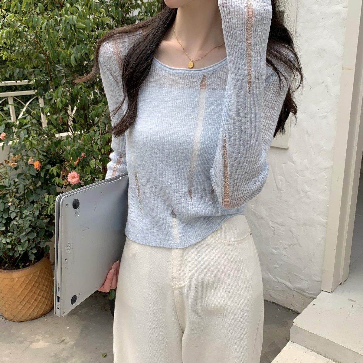 Delgado hueco de punto de manga larga Camiseta de verano de las mujeres corto aire acondicionado camisa estilo coreano nueva protección solar blusa superior image 8