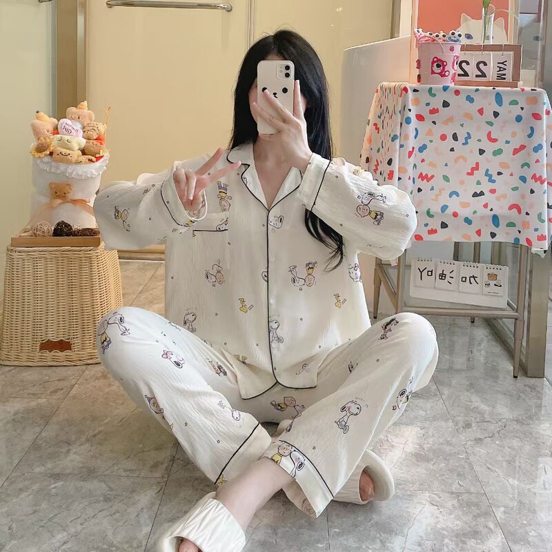 衫芊亿褶皱云朵棉睡衣女士春秋季印花翻领可爱卡通家居服套装新款|undefined
