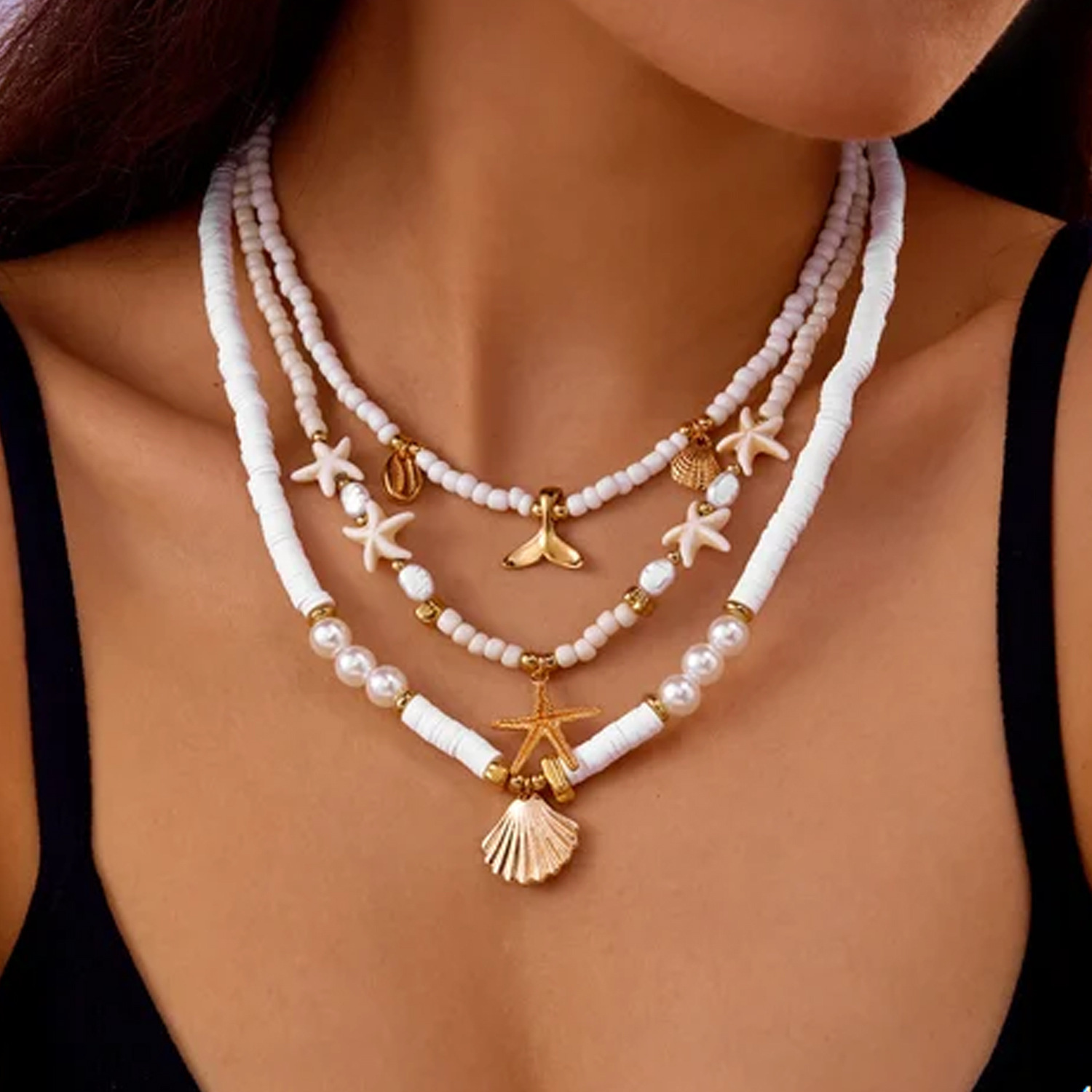 Set collana tre pezzi stella marina conchiglia e perle stile mare_voghion.com