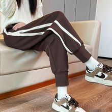 新款束脚哈伦裤女韩版学生高腰抽绳显瘦百搭设计感条纹长裤ins潮
