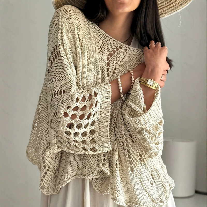 Foreign Trade Cross-Border Women's Clothing Amazon Crochet Hollow-Out Knitwear Autumn and Winter Beach Cover-Up Sweater Top