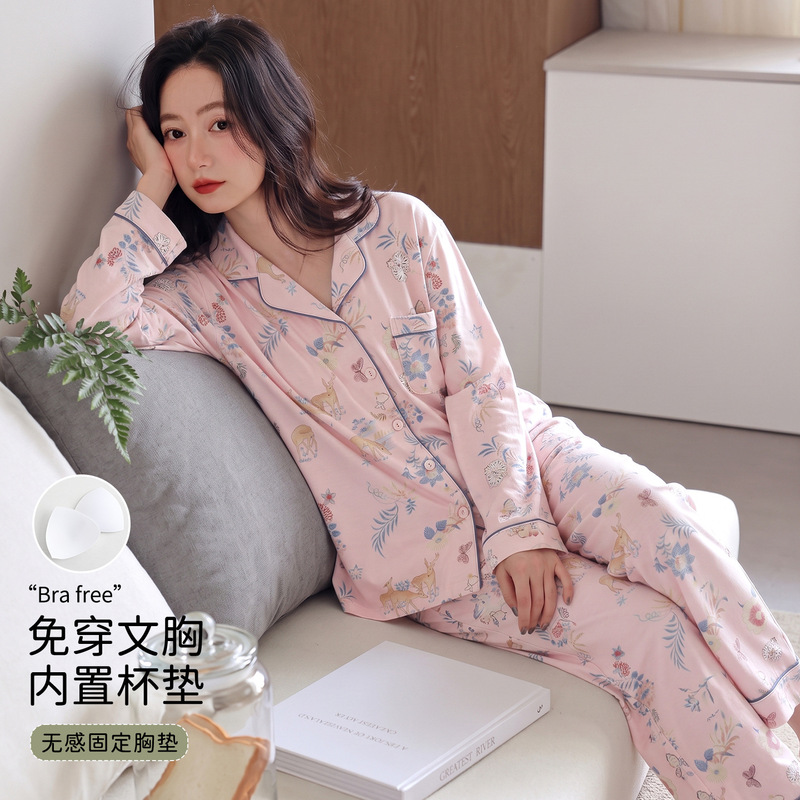 Spring and autumn pajamas for women, featuring a non-see-through design, a collared cardigan style, built-in chest pads, long sleeves, long pants, and a cartoon-themed loungewear set