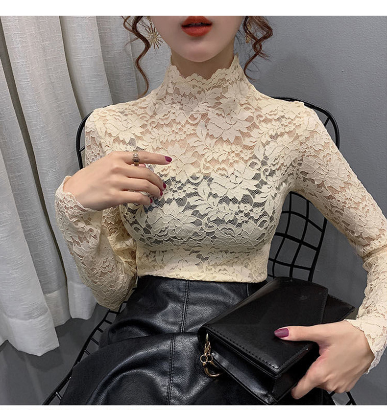 Haut col montant en dentelle transparente – Chemisier élégant à découpes florales et manches pétales (M-XXL, blanc/noir/nude, polyvalent du bureau au dîner)_voghion.com