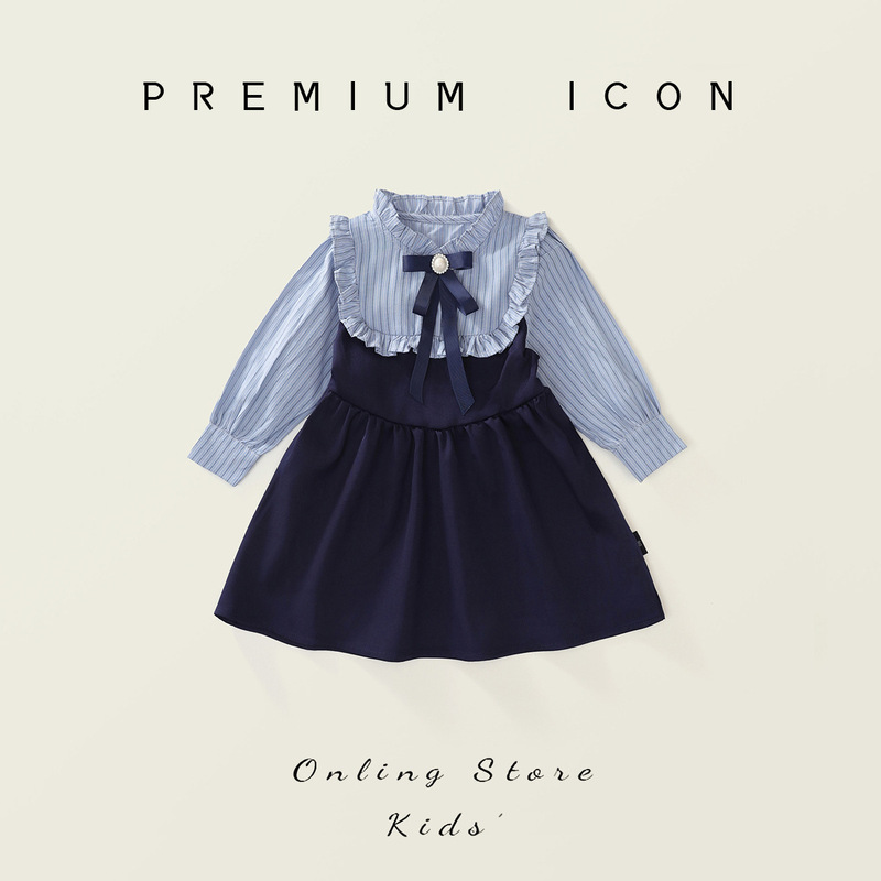Girls' Preppy Style Dress 2025 Autum New Baby Girl Fake Two-Piece Korean Style Stripesd Contrasting Color Long-Sleeved Dress Girls' Preppy Style Dress 2025 Autum New Baby Girl Fake Two-Piece Korean Style Stripesd Contrasting Color Long-Sleeved Dress
