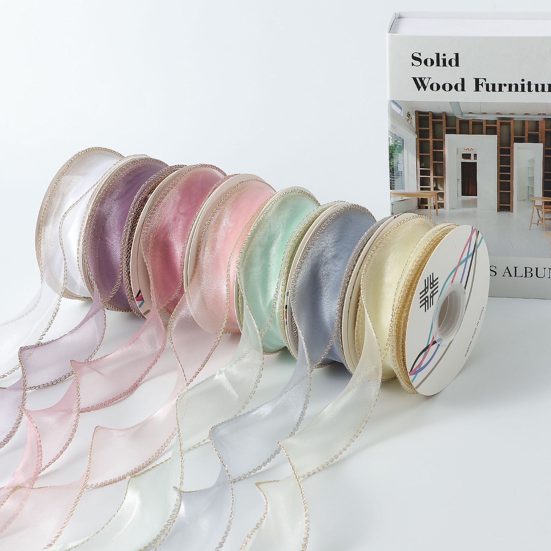 Venta al por mayor 4cm cinta borde dorado fishtail hilo flor cinta arco cinta decoración DIY tocado pastel de embalaje