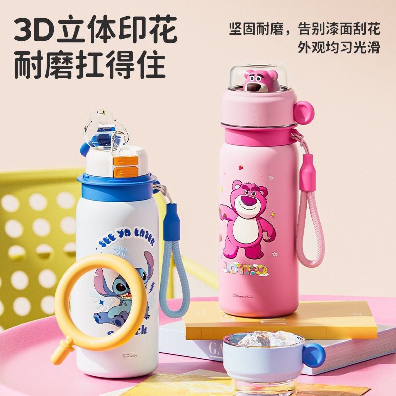 Osos de fresa niños 304 acero inoxidable de alto valor de caricatura taza caliente especial para la escuela doble bebida taza de agua portátil de paja
