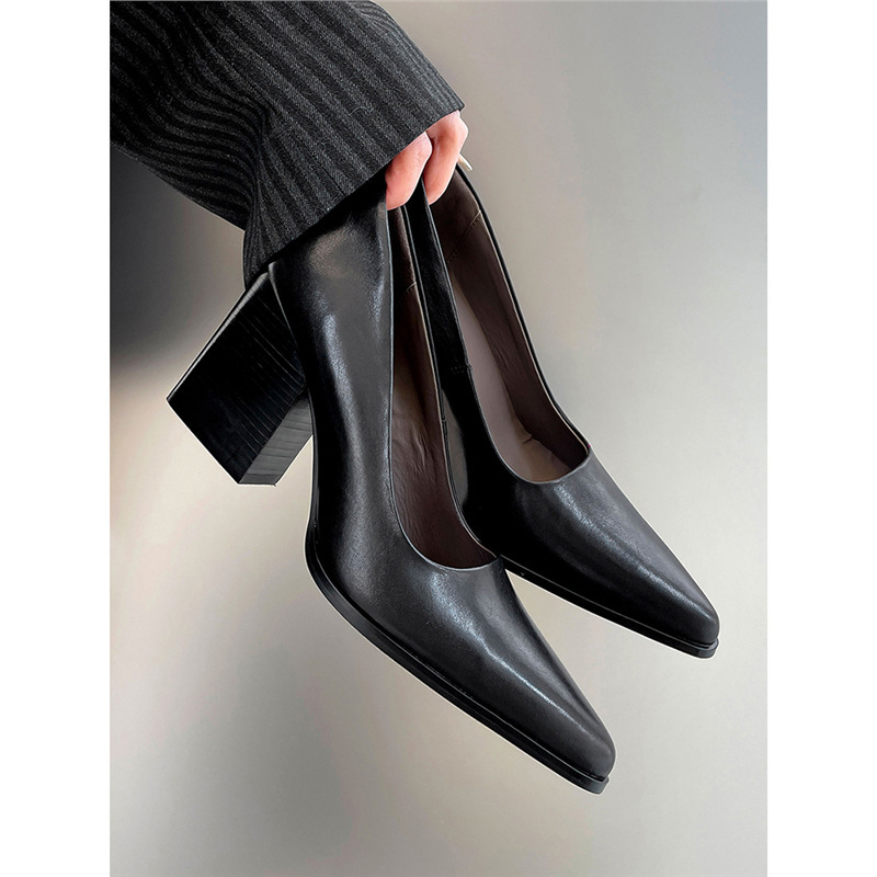 Slip-On~2025 Spring New Retro Pointed Toe Shallow Mouth 8cm Thick Heel High Heels Women's Versatile Work Clothing Shoes
