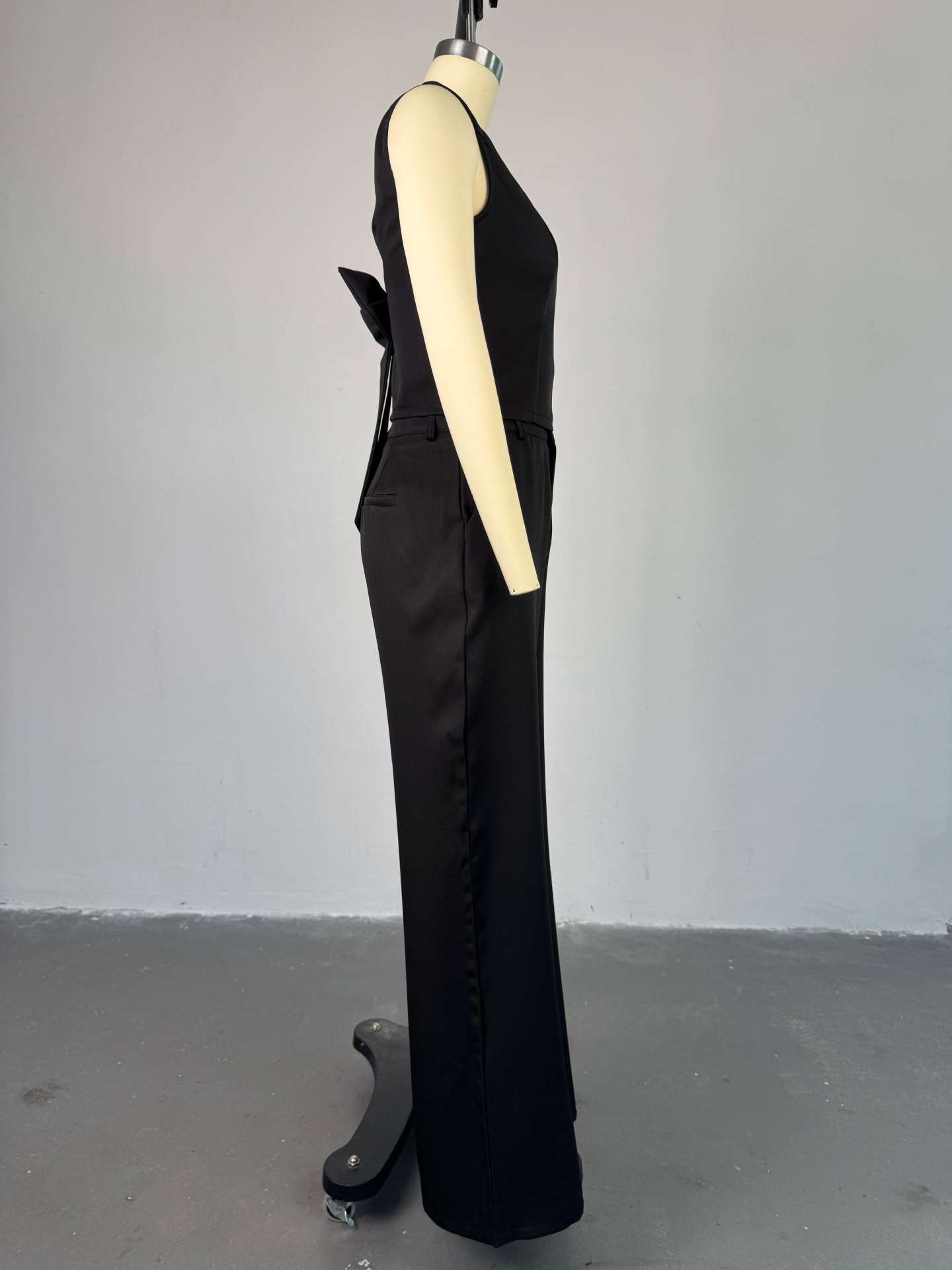 Women Clothing Spring Solid Color Backless Bow Top Wide Leg Trousers Casual Suit