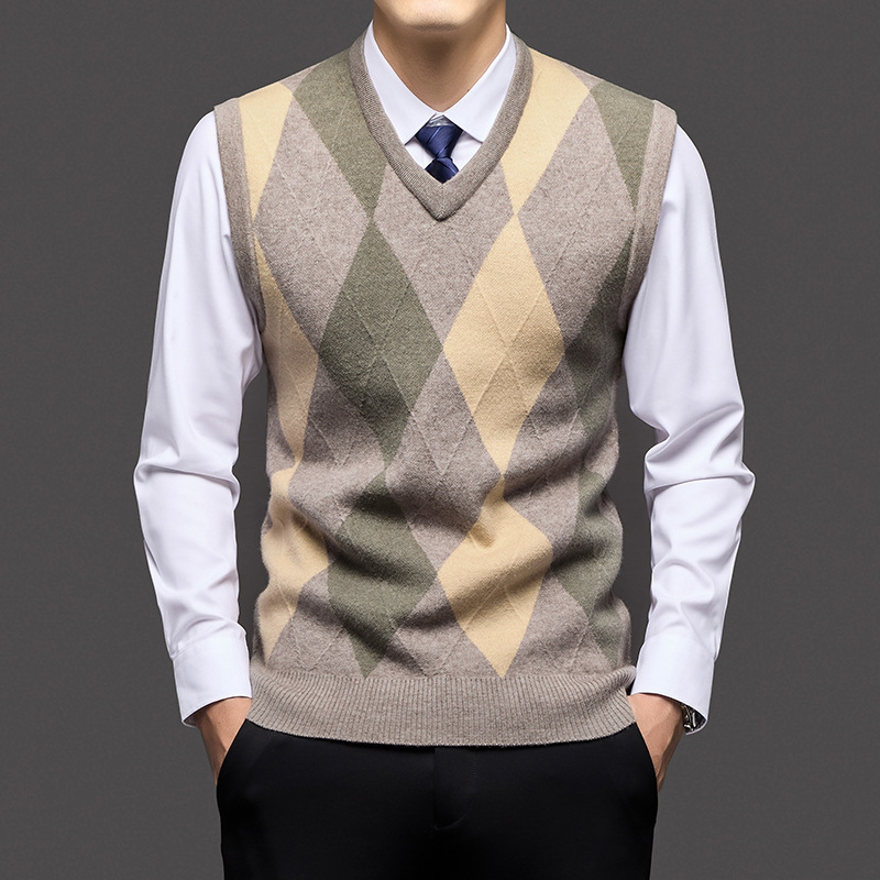 Cross-border men's knitted vest, business casual men's clothing, autumn and winter diamond pattern V-neck sleeveless sweater pullover vest