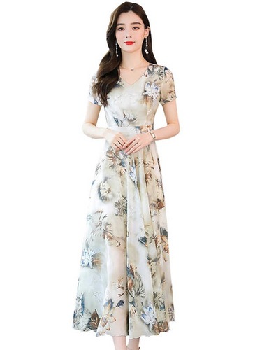 Floral Dress 2025 Summer Belly Covering Slimming Elegant Youthful Medium Length Large Swing Dress