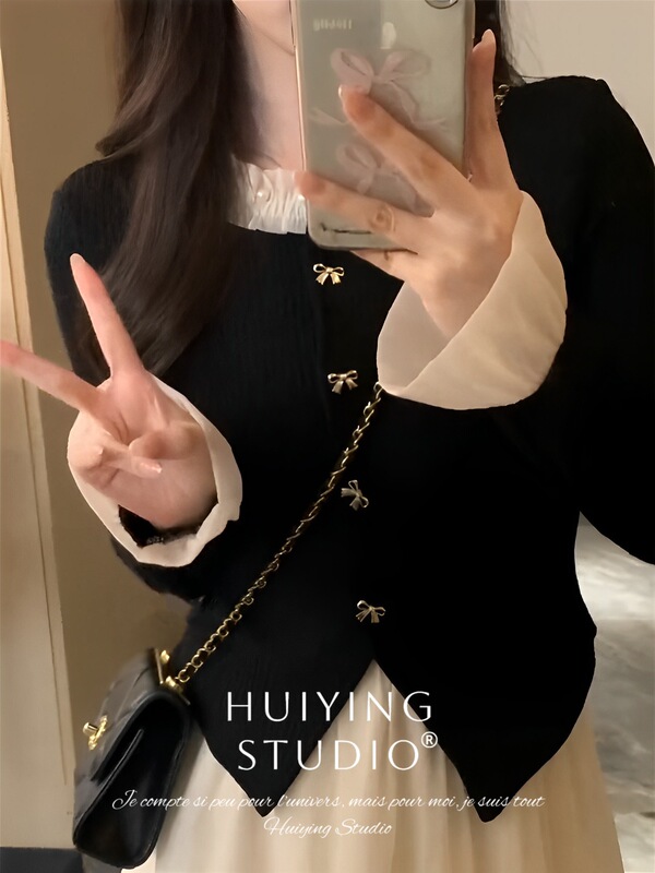6398# French Style Chanel Lace Horn Sleeve Top Women's Autumn and Winter High-end Bow Waist Knit 6398# French Style Chanel Lace Horn Sleeve Top Women's Autumn and Winter High-end Bow Waist Knit