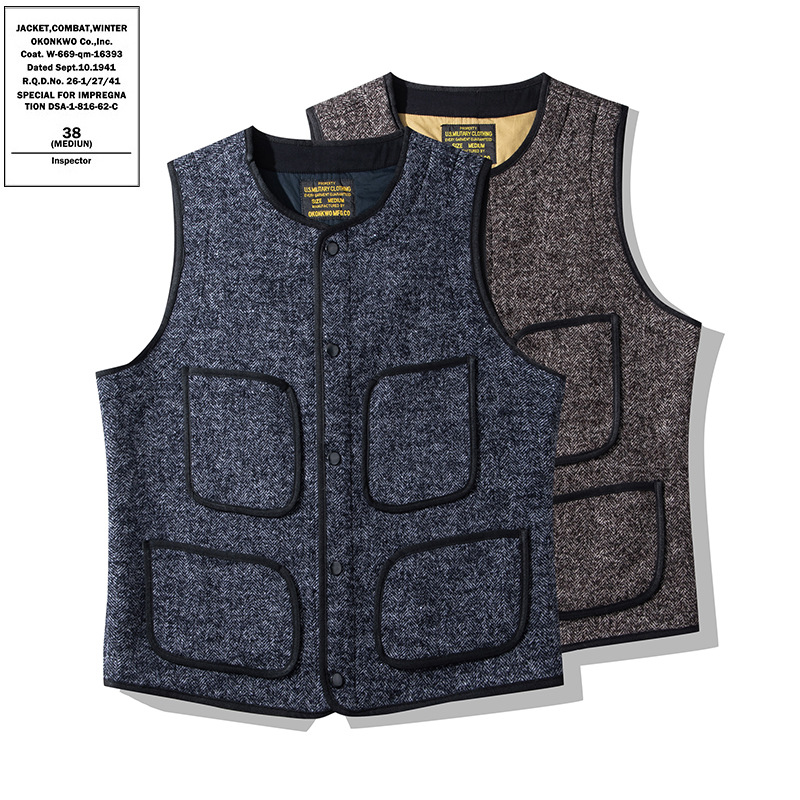 OKONKWO chaqueta de playa de marrón Chaleco de lana gruesa de cuello redondo multi-Bolsa de doble capa de lana chaleco