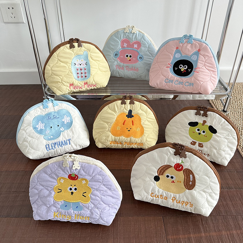 2026 New Embroidered Cosmetic Bag for Women, Cute Cartoon Quilted Storage Bag, Semi-Circular Shape Pencil Case Wholesale