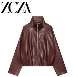 ZCZA 自制 欧美风 新款女装 时尚 百搭 复古立领拉链皮衣夹克外套