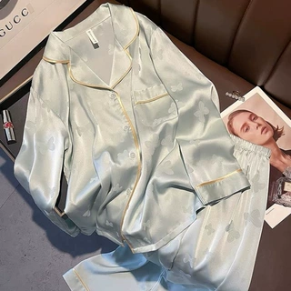 绿粉蝴蝶提花睡衣女仿真丝丝绸春秋冬长袖长裤简约高级家居服套装