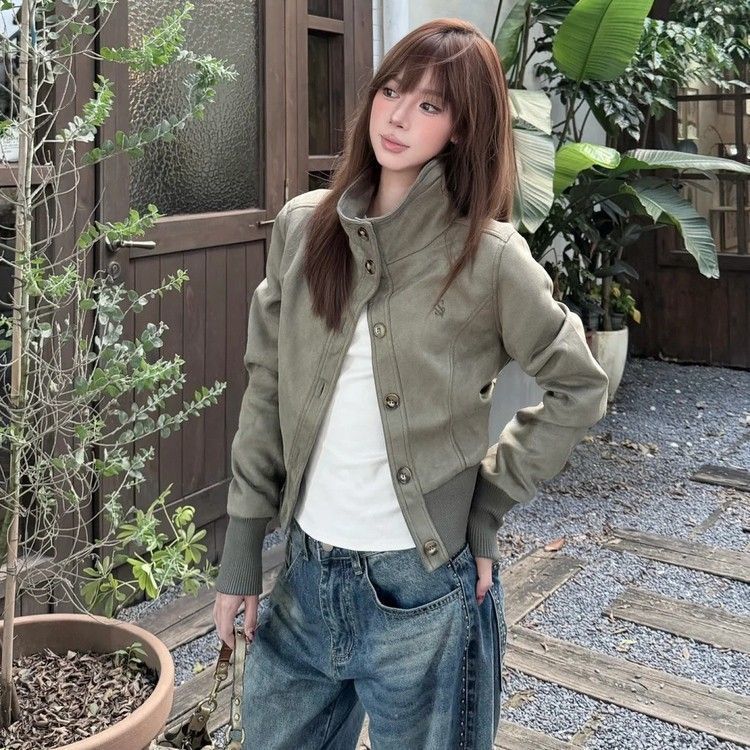 美式复古立领麂皮开衫外套女早秋季2025新款休闲百搭夹克短款上衣|undefined