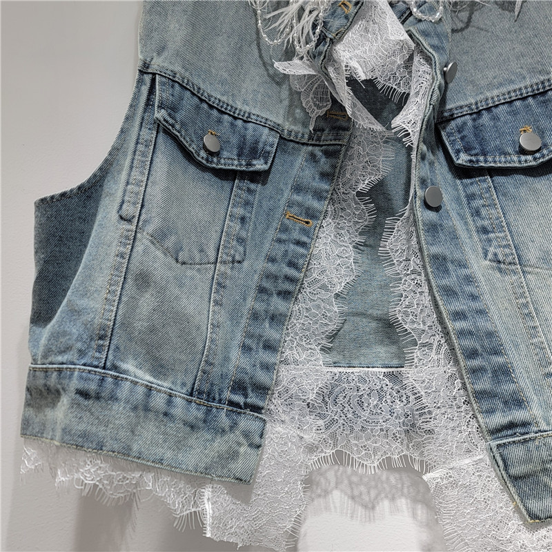Coreano retro cuello redondo mano clavado plumas encaje empalme chaleco de vaquín mujeres 2026 primavera y verano nuevo image 4