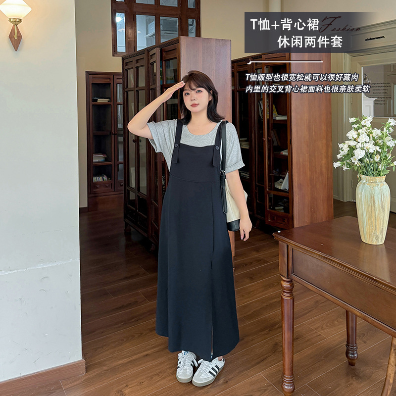 双天2025新款胖mm大码夏季女装套装休闲T恤+开叉背心裙两件套8999 双天2025新款胖mm大码夏季女装套装休闲T恤+开叉背心裙两件套8999