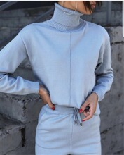 女式针织套头毛衣+裤套装运动装中间一条线毛线针织套装罗纹裤腿