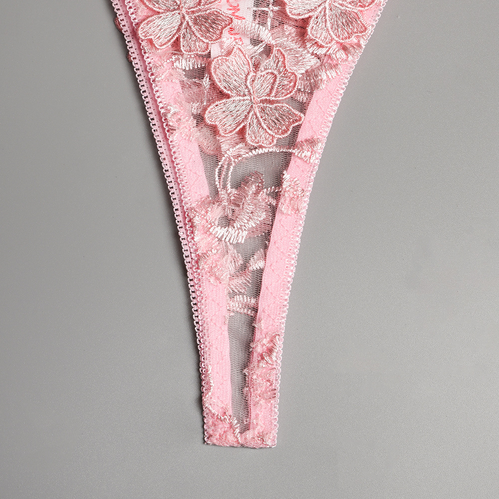 Conjunto de ropa interior sexy transparente de malla con cordones y bordado de flores NSMXF114555