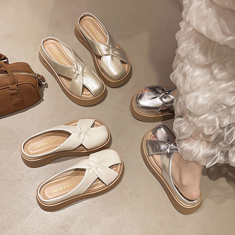 Hollow Breathable Silver Thick-Soled Toe-Cap Half Slippers for Women with Skirts, Slip-On Lazy Sandals for Women, Summer Outer Wear