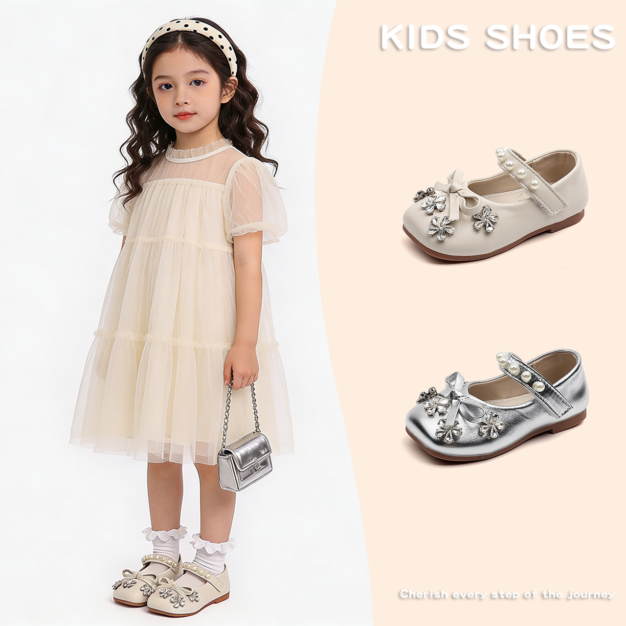 Girls' Princess Shoes 2026 Spring and Autumn New Style Silver Rhinestone New Bowknot Pearl Flats for Outdoor Wear, Gentle and Comfortable