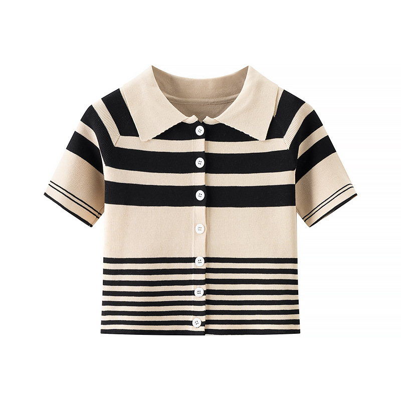00Hm-2811Polo Collar Stripesd Knitted Short-Sleeved Cardigan 2025 Summer New French Commuter Style Slimming Look