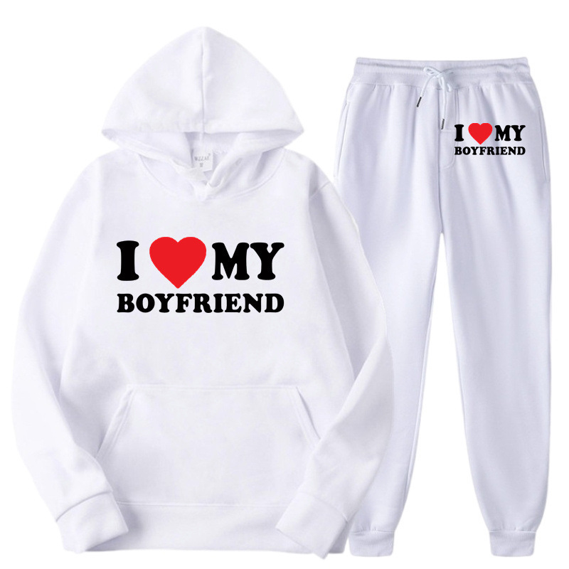 2024 I Love My Boyfriend and Girlfriend Heart Cross-Border Amazon Hooded Sweatshirt Casual Loose Sweatshirt Suit