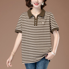 中年の女性のストライプの半袖のtシャツの女性の夏の2025新型のお母さんの襟のpoloのシャツのゆったりしている純綿の上着