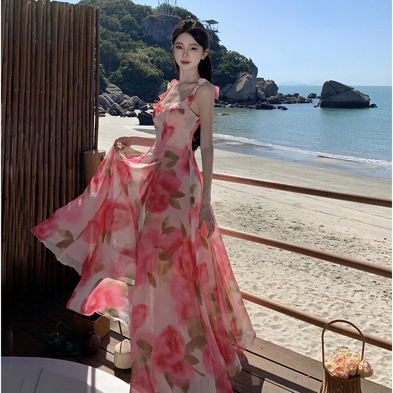 明星同款2023夏季新款玫粉色印花吊带裙高级感海边度假连衣裙