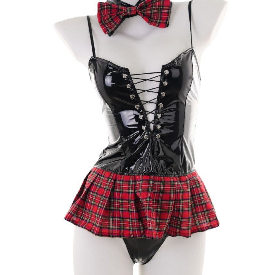 Lencería sexy Correa charol rojo Plaid falda uniforme conejito tentación Correa estudiante uniforme abrigo de cuero