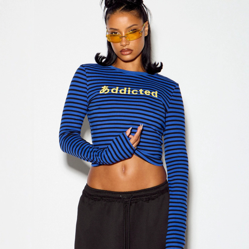 Trendy European and American cross-border striped printed long-sleeve top for women, slim-fit, cropped, waist-baring, sexy style, slimming base T-shirt Trendy European and American cross-border striped printed long-sleeve top for women, slim-fit, cropped, waist-baring, sexy style, slimming base T-shirt