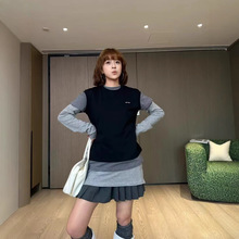 现货高定24秋季新款字母徽标贴饰平纹针织棉质叠穿T恤三件套女潮