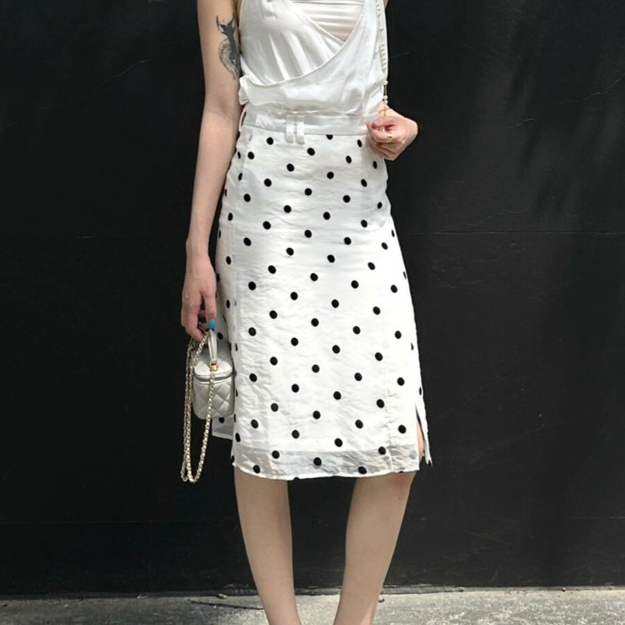 Lace Edge Polka Dot Print Skirt Acetate Fabric Women's Summer Elegant Skirt White Slim High Waist Slit Skirt