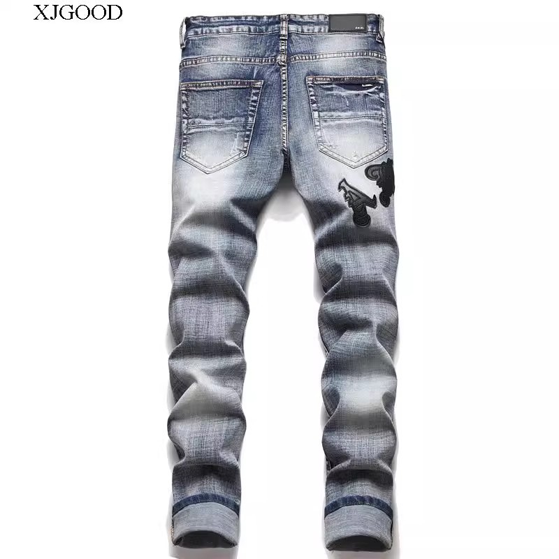 High Street Trendy Brand Summer New Amr Light-Colored Ripped Printed Jeans for Men, Stretchy Slim Fit, Slimming, Skinny