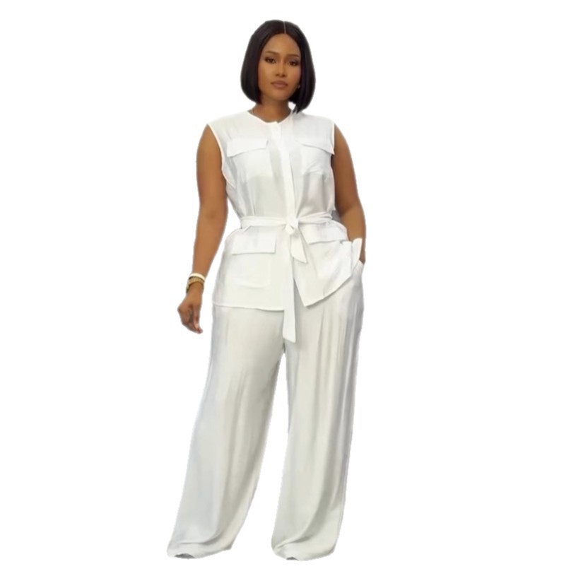 Elegant Sleeveless Vest & Wide-Leg Pants Set – Breathable Polyester Two-Piece Outfit (White/Pink/Yellow/Orange, S-3XL)​_ecoleips.com