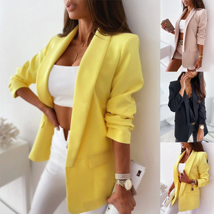 2025 Independent Station Autum European and American Cross-Border New Pure Color Long-Sleeved Small Suit Women's Top Jacket