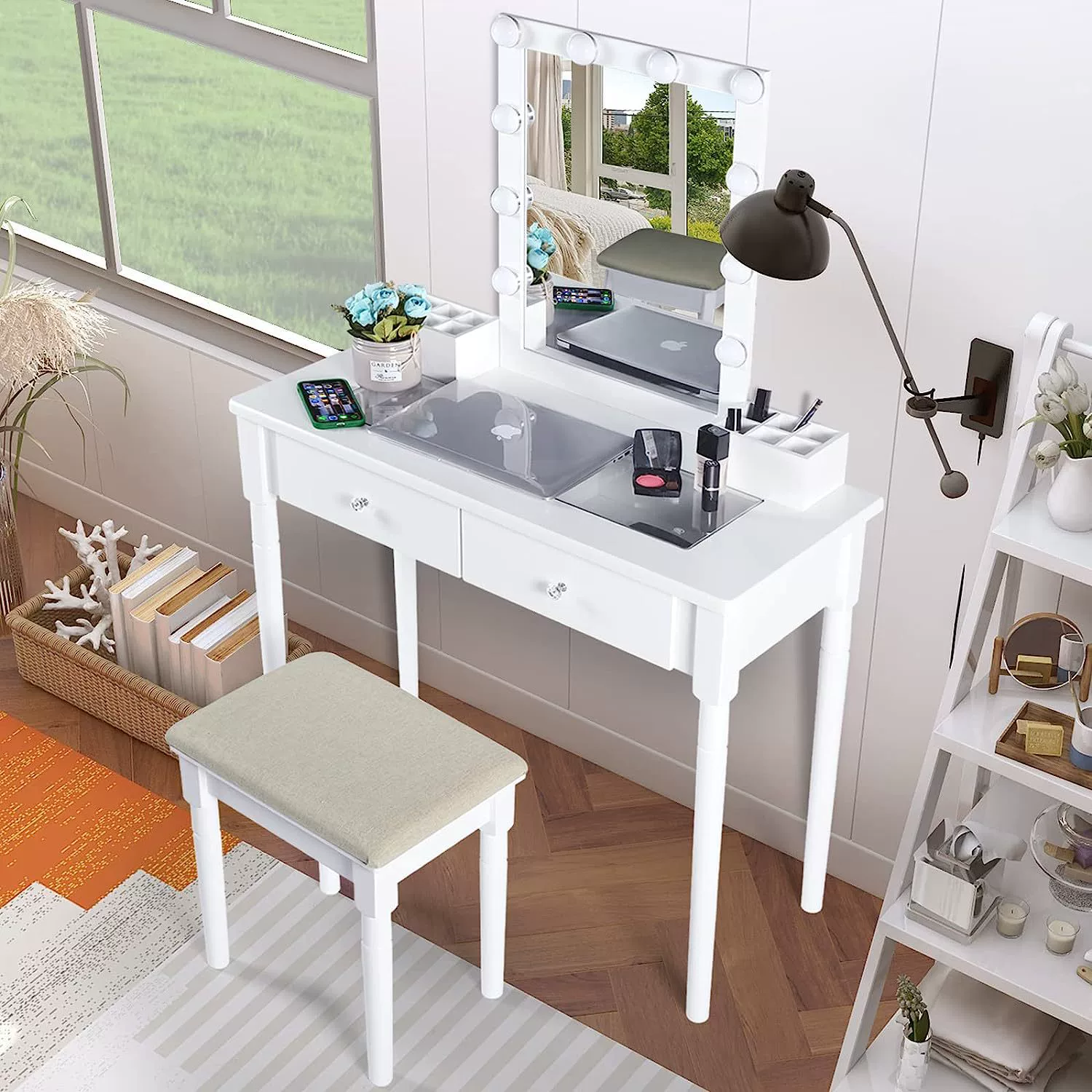Nordic Современный минималистский комод из массива дерева Спальня косметический стол большой зеркало с лампой стеклянный столешница для макияжа оптом