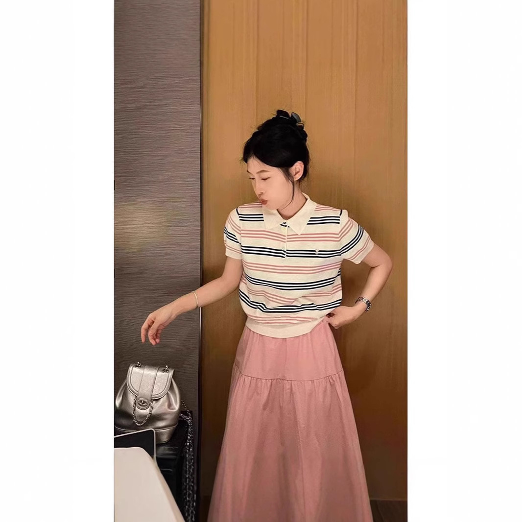 College-style Colour Striped Polo Collar Short-sleeved Shoulder T-shirt Women's Summer Small Ice Silk Knitted Short Top