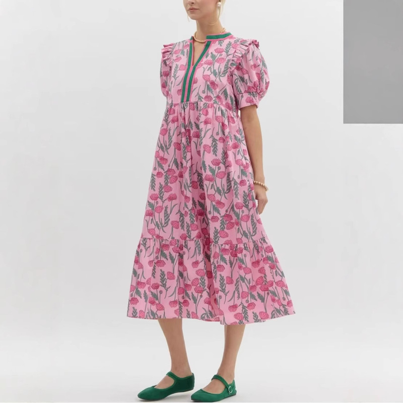 European and American Cross-border 2025 Amazon Summer New Rose Printed dress High Waist Bubble Short Sleeve Mid-length European and American Cross-border 2025 Amazon Summer New Rose Printed dress High Waist Bubble Short Sleeve Mid-length